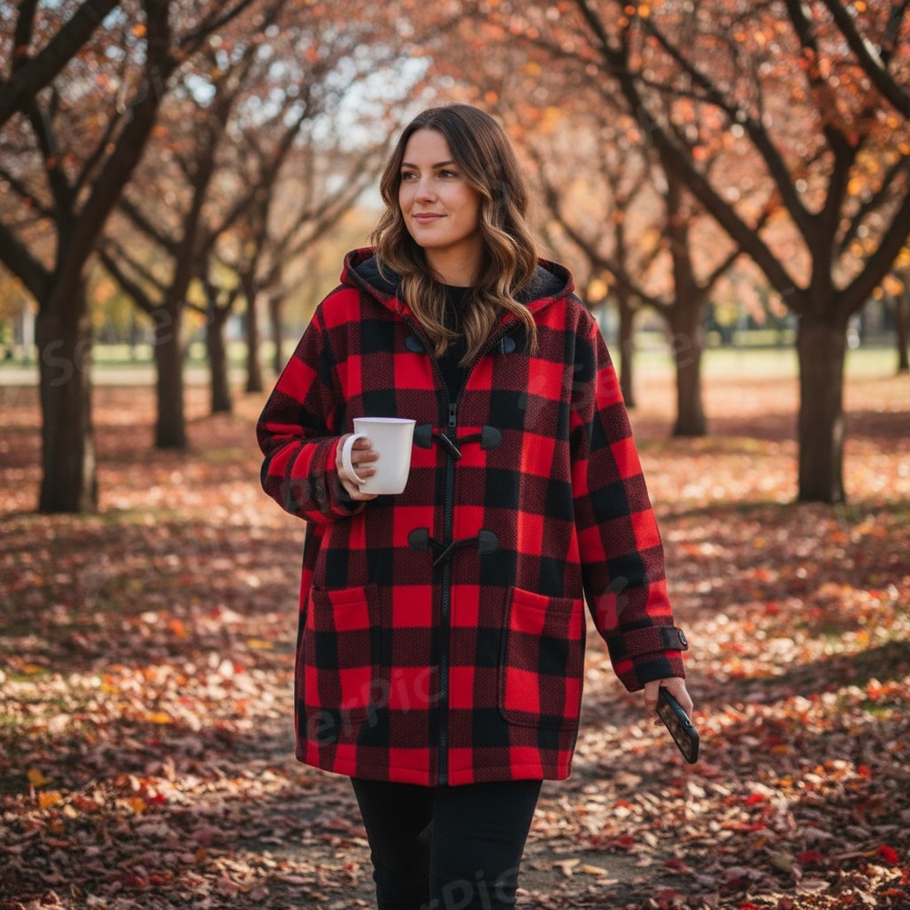Fall Holiday Red and Black Plaid Pea Coat
